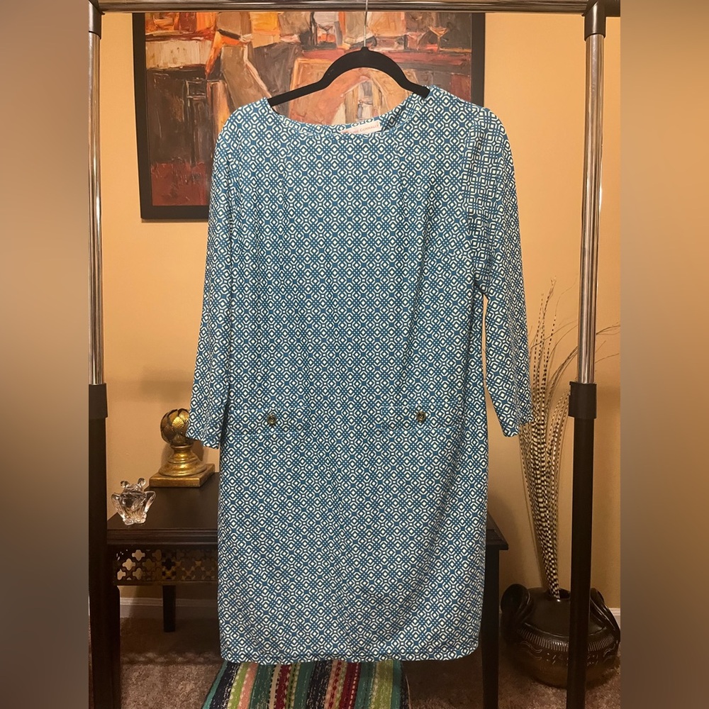 Elegant Teal Patterned Dress by Jude Connally - Size Large